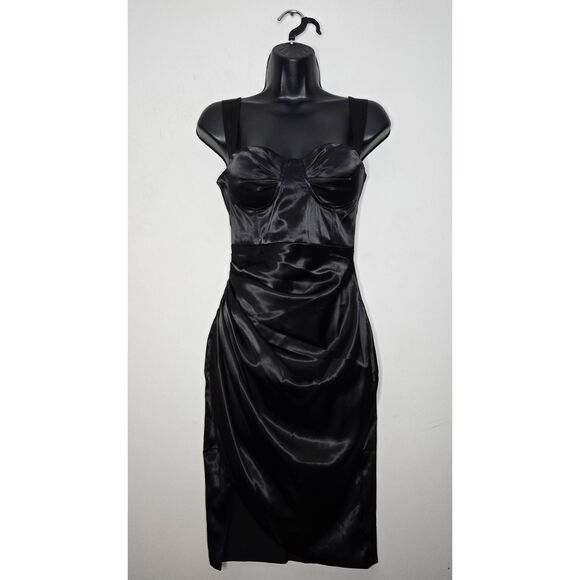 Laeu Women’s Black Satin Bodycon Dress Size Small Ruched Bustier Cocktail Party - Picture 2 of 9